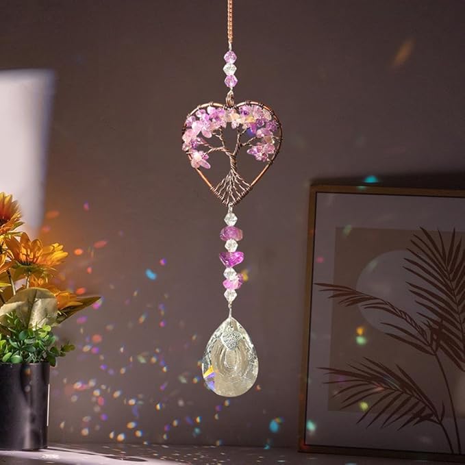 Suncatcher Window Hanging Tree of Life Heart Shaped Crystal Ball Prism Drop Ornament with Purple Rainbow Maker Pendant for Garden Home Decor Indoor Outdoor Windows 7in
