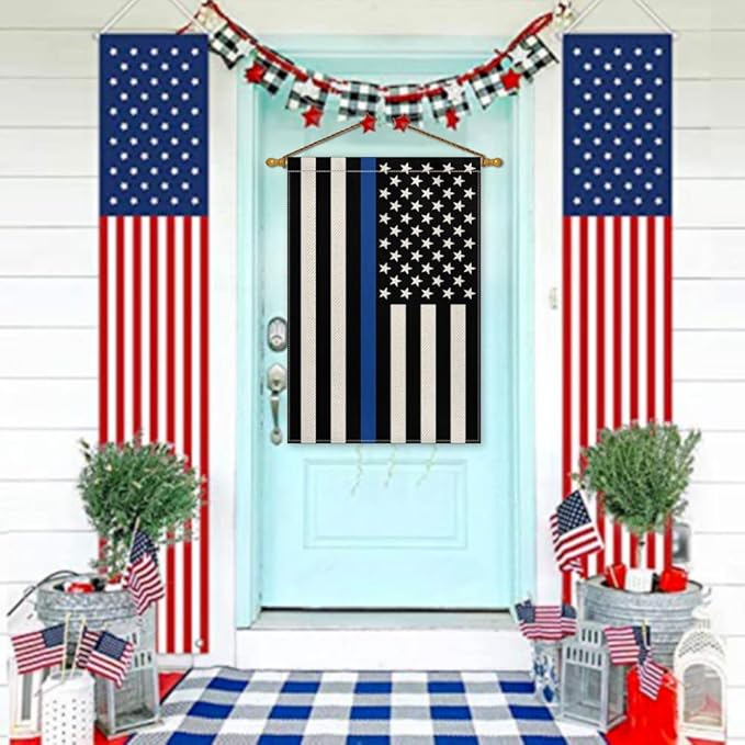 AVOIN colorlife Thin Blue Line House Flag 28x40 Inch Double Sided, American Stars and Stripes Police Officers Solidarity Yard Outdoor Decoration