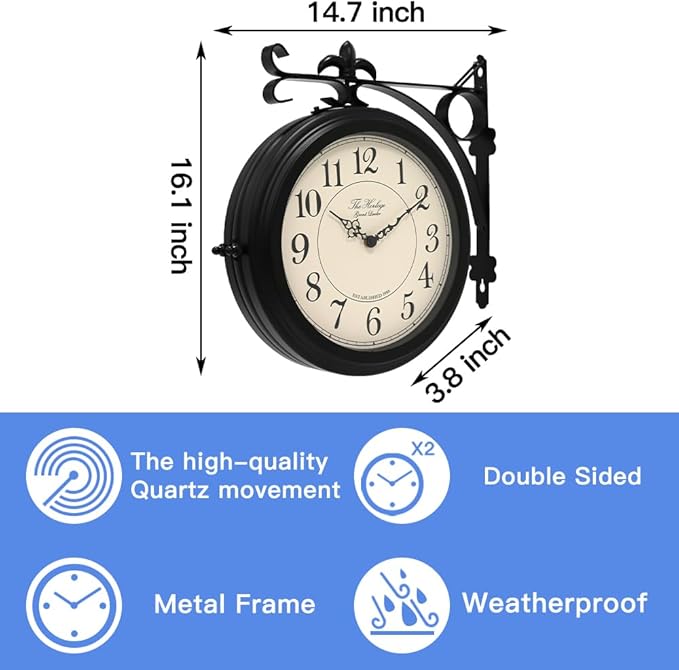 BESTIME 66276B Double Sided Metal Wall Clock with Black Frame.Dial: 10-Inch,Quiet,Easy Read,Retro Station,Antique Hanging Clocks for Garden,Home Decor,Indoor,Outdoor,Living Room.