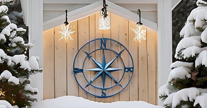 Nightclawing Nautical Compass Wall Decor, Coastal Nautical Beach Decor, Porch Patio Travel Adventure Wall Hanging, 41",Indigo