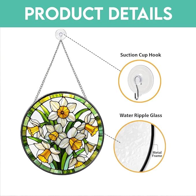 Stained Glass Window Hanging, Daffodil Flowers Sun Catchers Glass Panel Hangings Suncatcher Decor Spring Garden Gift for Women 7.8 in