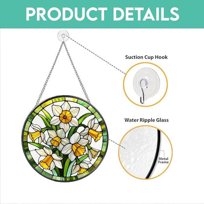 Stained Glass Window Hanging, Daffodil Flowers Sun Catchers Glass Panel Hangings Suncatcher Decor Spring Garden Gift for Women 7.8 in