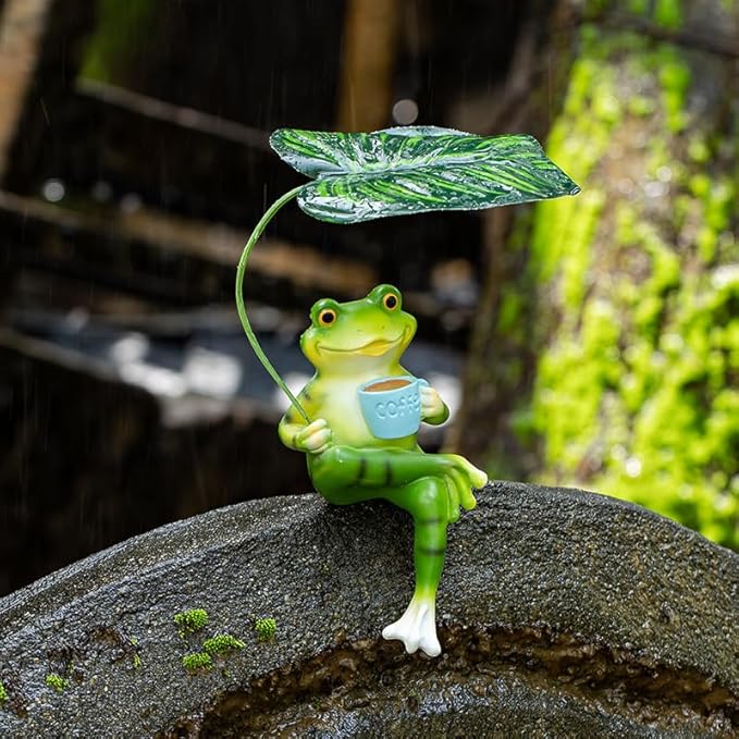 Adorable Animal Garden Statue with Umbrella - Charming Outdoor Decor for Yard, Patio, or Garden (Frog Drink Coffee)
