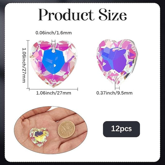 1 Box 12Pcs 1.06 Inch Crystal Heart Prism Suncatcher Glass Heart Ornament Small Clear AB Lamp Prisms Charms Bulk Rainbow Maker Suncatchers for Windows Room Garden Wedding Decoration Pendant