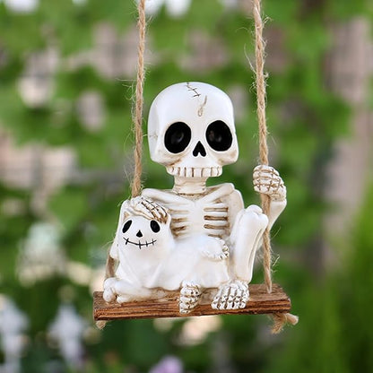 Swing Skeleton Holding Ghost Cat Garden Statue Outdoor Halloween Decor, 3.15 Inch Cute Skull Figurine Resin Sculpture Funny Tree Hanging Ornaments for Patio Lawn Yard