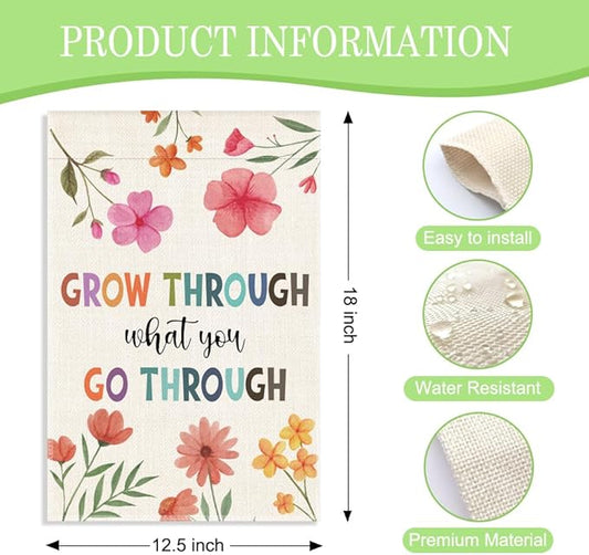 Grow Through What You Go Through Garden Flag, 12 x 18 Inch Double Sided Inspirational and Growth Themed Decor Flag for Outdoor Farmhouse Garden Yard Front Porch, Encouragement Yard Sign