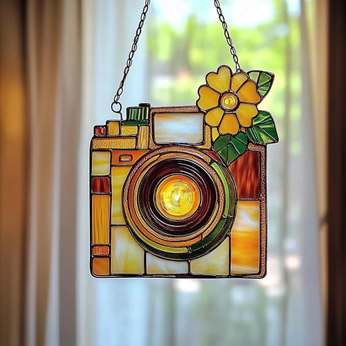 Vintage Retro Camera Acrylic Suncatcher Stained Glass Effect Window Car Hanging Christmas Ornament Indoor Outdoor Decor Garden Sun Catcher Panel for Acrylic Suncatcher Lover for Women Mom Grandma
