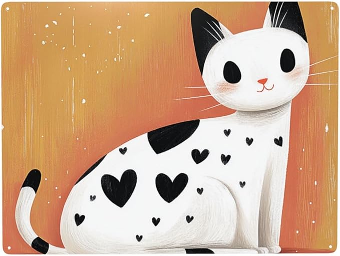 White cat with black heart shaped spots Tin sign,Metal Signs art wall Decor,Exquisite artistic plaque poster,for living room,cafe,Yard,Patio,Bedroom,gifts for Pet Lovers,12x16 Inch