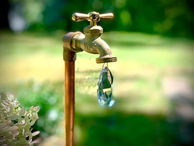 Floating Crystal Droplet Copper Garden Sculpture - Whimsical Metal Faucet Stake for Outdoor Decor - Unique for Gardeners