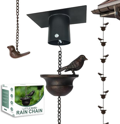 Metal Bird Rain Chain for Gutters, 10.2 Ft Rust-Resistant Outdoor Rain Catcher with Hanging Gutter Adapter, Perfect for Heavy Rain, Indoor/Outdoor Decoration, Dark Bronze Finish
