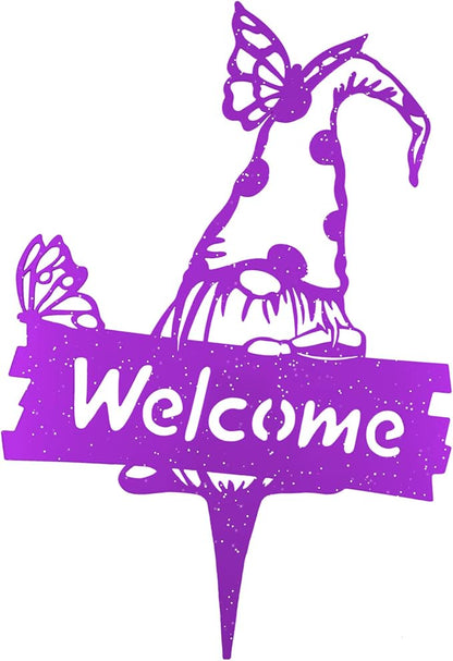 SteelFreak Gnome with Butterfly & Sign Metal Yard Stake Art (18 Inch, Purple Sparkle) - Made in USA