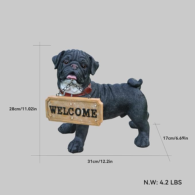Black Pug Front-Door Greeter with Solar Lantern & Double-Sided Sign, Standing Pug Yard Statue for Planters, Walkways & Porch Seating