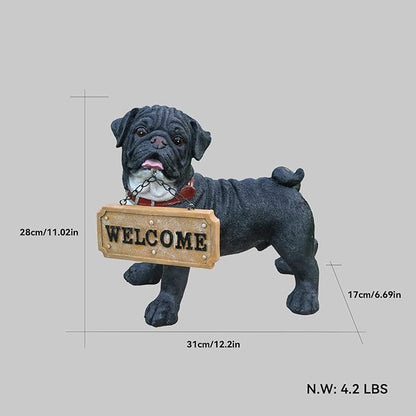 Black Pug Garden Statue with Solar Lantern and Interchangeable Signs (Welcome & On Patrol), Resin Dog Sculpture Outdoor Decor for Patio Yard Lawn Porch, Pug Lover Gifts, 12.2"