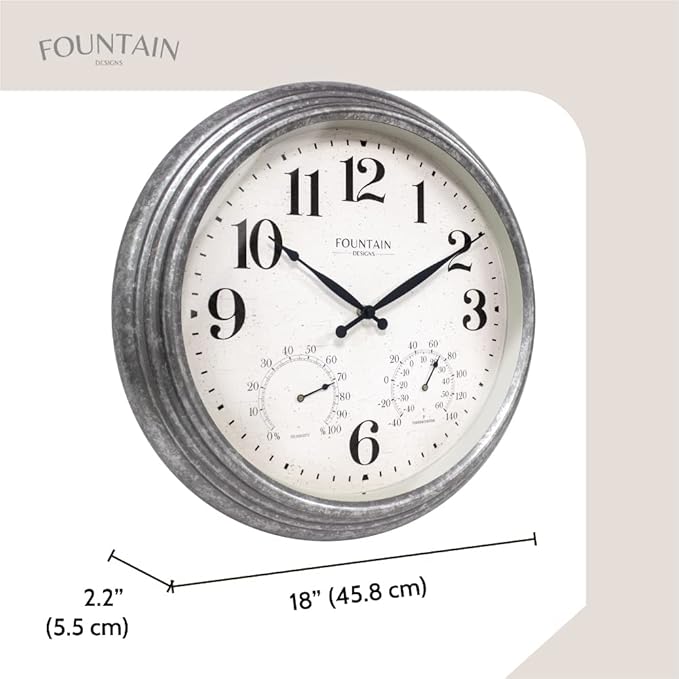 18 Inch Outdoor Clocks for Patio Large Waterproof with Thermometer, Large Wall Clock with Temperature and Humidity Combo,Weatherproof for Pool Decor,Galvanized Finish