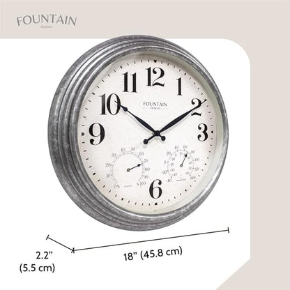 18 Inch Outdoor Clocks for Patio Large Waterproof with Thermometer, Large Wall Clock with Temperature and Humidity Combo,Weatherproof for Pool Decor,Galvanized Finish