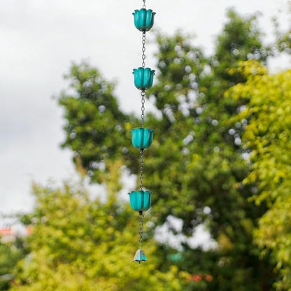 8.2ft Rain Chains for Outside, 10-Cup Lotus Rain Chain Replacement Downspout for Gutters, Eaves, Drainage, Adjustable Length(Light Blue)