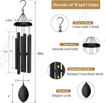 Wind Chimes for Outside Deep Tone, 30 Inch Memorial Wind Chimes with 6 Tuned Aluminum Tubes, Black Garden Decor for Sympathy Gift, Mother’s Day, Patio, Porch with S Hook & Greeting Card