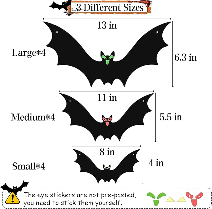 Halloween Hanging Bats 12 Pieces 3D Realistic Scary Bats and 6 Witch Hats Costume Accessories Party Decorations for Yard Sign Outdoor Indoor Lawn Decor