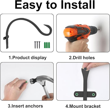 12 Inch Heavy Duty Plant Hanger Wall Hook 6 Pack - Black Iron Hanging Plant Bracket Holds 44 lbs - Rust Resistant Indoor Outdoor Hooks for Bird Feeders Lanterns Wind Chimes Hanging Baskets with Screws