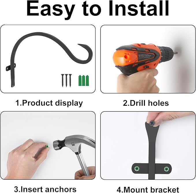 12 Inch Heavy Duty Plant Hanger Wall Hook 4 Pack - Black Iron Hanging Plant Bracket Holds 44 lbs - Rust Resistant Indoor Outdoor Hooks for Bird Feeders Lanterns Wind Chimes Hanging Baskets with Screws