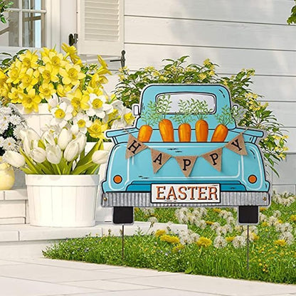 Glitzhome 26"H Easter Metal Truck Yard Stake Standing Lawn Garden Patio Outdoor Sign Wall Decor