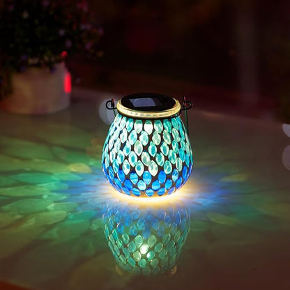 Starsoul 4 Pack Solar Lanterns Outdoor Waterproof, Elegant Blue Glass Mosaic Solar Lantern, Solar Hanging Lights Outside Patio Porch Yard Decor