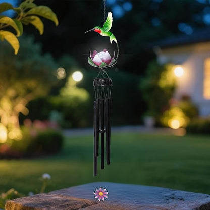 Taman Solar Wind Chime - 46" Hummingbird Solar Light with Lotus Crack Glass Ball Valentine's Day Gift for Outside Waterproof Decorative Memorial Gift, for Home, Outdoor, Yard, Patio,Garden Decor