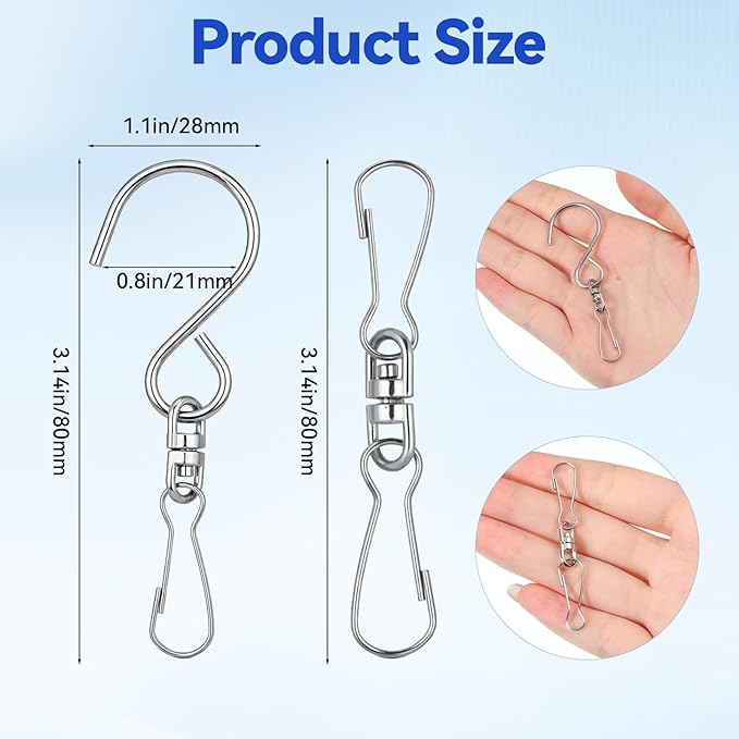 Wind Spinner Swivel Hooks, 20 Pieces Stainless Steel Swivel Hooks for Wind Spinners 360 Degree Rotating Windsock Clips Hanger Swivels Clips for Winds Chimes Bird Feeder Crystal Twisters Party Supply
