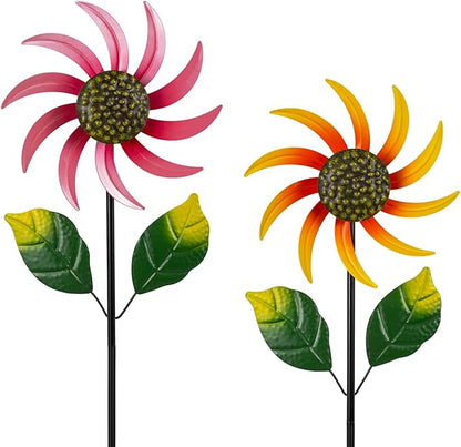 2 Pack Flower Wind Spinners Outdoor, Colorful Wind Sculptures & Spinners with Stake, Metal Windmill for Yard Patio Lawn Garden Decor, 31 x 8 Inches
