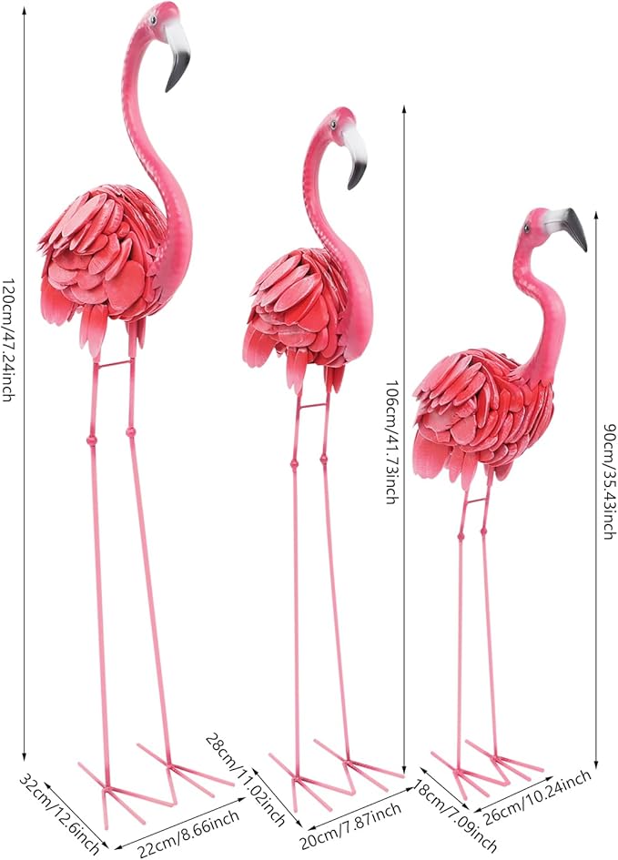 3Pcs Flamingo Outdoor Statues, Metal Flamingo Decorative Garden Sculpture with Stable Base Plate Standing Garden Statues for Home Patio Yard Display, 35", 42", 47" H, Pink