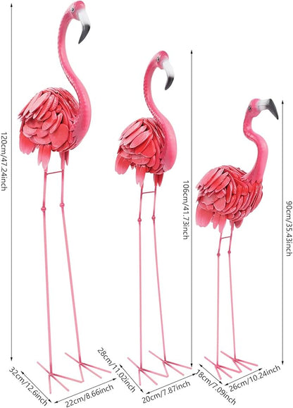3Pcs Flamingo Outdoor Statues, Metal Flamingo Decorative Garden Sculpture with Stable Base Plate Standing Garden Statues for Home Patio Yard Display, 35", 42", 47" H, Pink