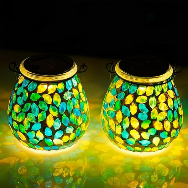 Starsoul 2 Pack Solar Lanterns Outdoor Waterproof, Unique Green Mosaic Glass Solar Garden Lights, Decorative Outdoor Lantern for Outside Patio Pathway Porch Yard Table