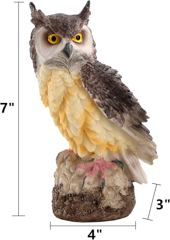 DEAYOU 2 Pack Fake Horned Owl Statues, 7" Tall Small Resin Owl Sculpture, Artificial Owl Figurines for Garden, Vivid Faux Outdoor Owls for Ornament, Yard, Indoor Decor, Home (White, Black)