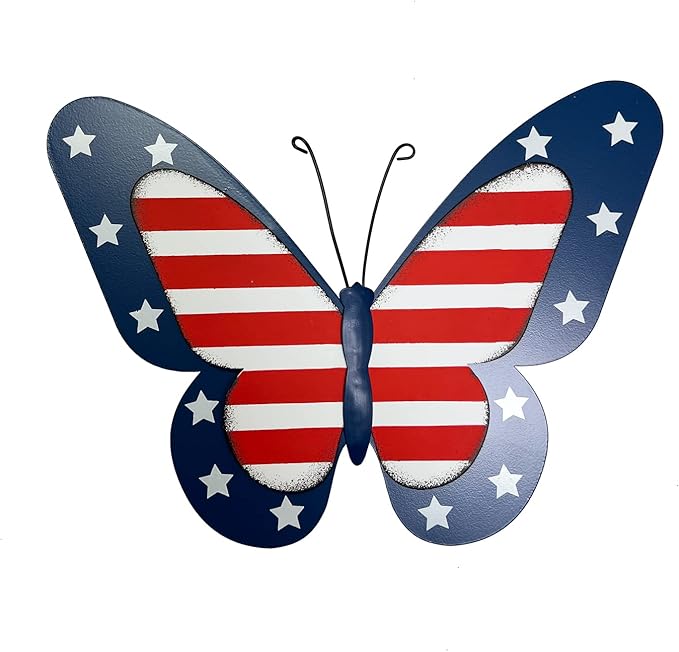 YUMBOR Rustic Metal Americana Butterfly Patriotic Wall Decor American Flag Hanging Ornaments 4th July Garden Yard Signs Independence Day Indoor Outdoor Wall Decorations
