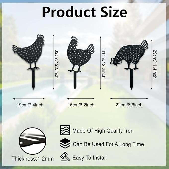 WADORN 3Pcs Chicken Metal Decorative Garden Stakes, Adorable Hen Silhouette Metal Outdoor Statues Animals Garden Ornament Gifts Black Yard Art Decoration for Outdoor Backyard Patio Lawn Walkways