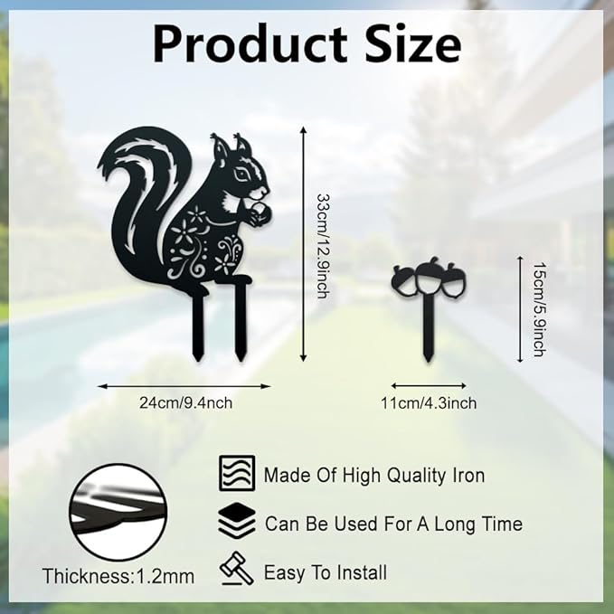 WADORN Squirrel Hazelnut Decorative Silhouette Garden Stakes, Metal Squirrel Stakes Statues Ornaments Lovers Gifts Yard Art Black Silhouette Yard Outside Decor for Backyard Patio Decor