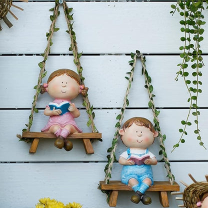 WAYUTO Swing Garden Statue Ornament Cute Resin Girl Figure Hanging Hammock Outdoor Funny Garden Decor for Patio Yard Lawn Fence Pathway Backyard Landscape Tree