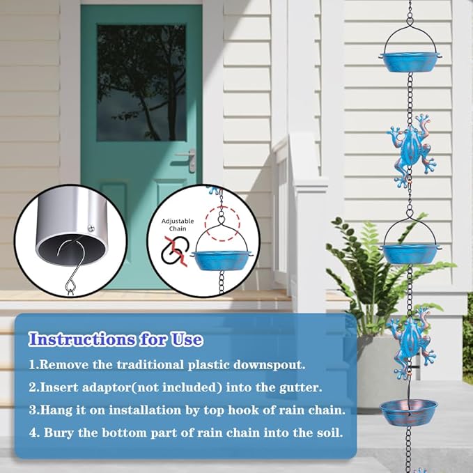 Rain Chain, 11.4FT Frog Rain Chains with 12 Cups, Functional and Decorative Replacement Downspout Rain Chains for Outside