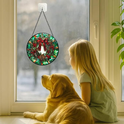 Stained Glass Window Hanging - 11.8in Christmas Wreath with Red Bow, Pine Cones, Berries Sun Catchers Panel for Indoor Decorative Display for Mom, Wife, Lovers, Festive