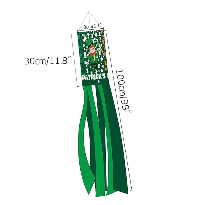 2PCS 40'' St. Patrick's Day Windsocks, Shamrock Wind Sock Flag Outdoor Decor, Saint Patrick's Day Holiday Hanging Flag for Yard Garden Patio Porch (Green)