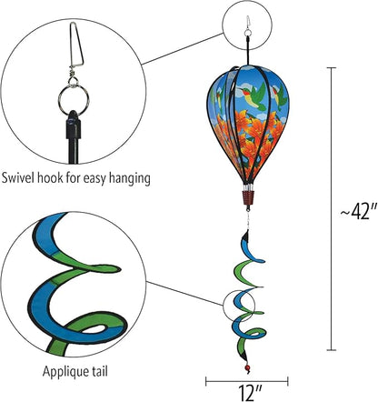 In the Breeze Hummingbird Lily 6-Panel Kinetic Hot Air Balloon Wind Spinner,11" W x 17" H, 26" Tail,1059