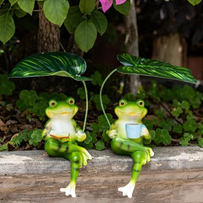 Adorable Animal Garden Statue with Umbrella - Charming Outdoor Decor for Yard, Patio, or Garden (Frog Read a Book)
