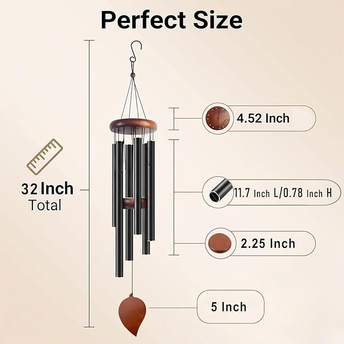 Large Aluminum Wind Chime -32 inch Black Metal 6-Tube Wind Chime Decoration with Commemorative Leaf Pendant, Suitable as a Consolation Wind Chime for Gardens, terraces, Home Decor, and Gifts