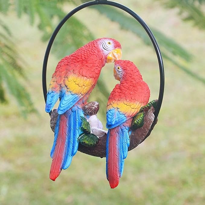 Mini Garden Statues Hanging Iron Ring Parrots, Swing Birds Figurine Sculpture Ornament for Pathways Yard Lawn Home Indoor Outdoor Decorations(Style 3)