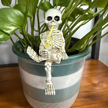 Halloween Skeleton Flowerpot Decoration, Weather Resistant Resin Garden Statue (Yellow Cup)