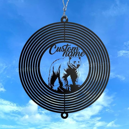 Personalized Bear Metal Wind Spinner, Custom Hanging Sculpture for Outdoor Spaces, Kinetic Wildlife Art, Rustic Nature Gift (Bear Garden Wind Spinner)