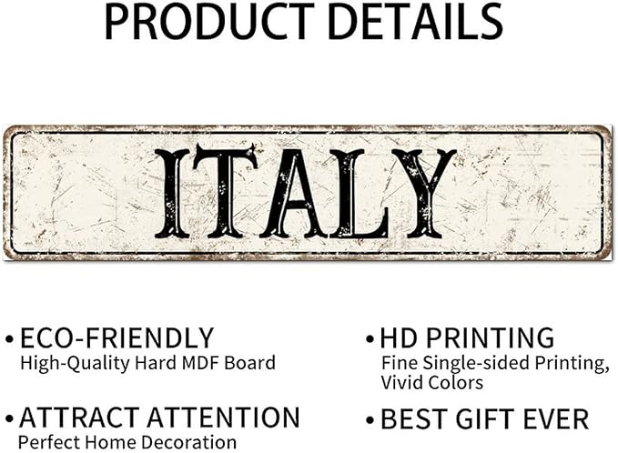 Madcolitote Vintage Country Italy Wood Sign Italy Street Signs Customized Rustic Wooden Wall Art Farmhouse Wall Decor Kitchen Wall Hanger Retro Decoration Sign Housewarming Gift 4x18in