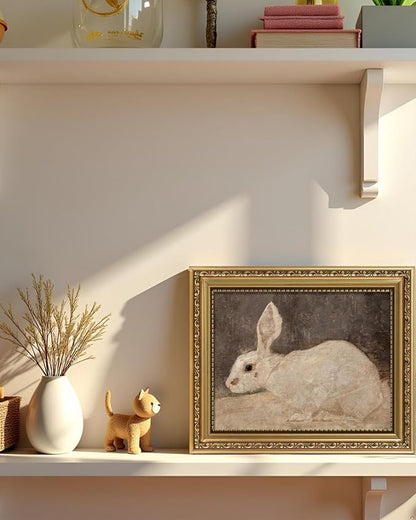 ARPEOTCY Vintage Gold Framed Wall Art, Easter White Rabbit Painting, 8x10 inch Small Canvas Picture Prints Artwork with Frame Aesthetic, Victorian Wall Decor for Living Room Bathroom Bedroom Shelf