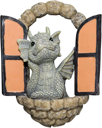 SHOWFEICAT Dragon Garden Ornament Resin Craft Ornament Statue Fairy Door Yard Art Outdoor and Garden Solar Light Luminous Sand Open Door Dragon Wall Statue Outdoors Decor (Eye to Eye)