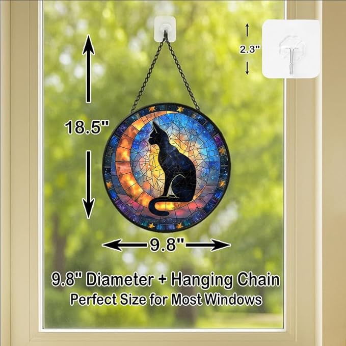 Stained Glass Window Hanging - Celestial Black Cat & Stars 9.8in Sun Catchers Indoor Stained Glass Panels Wall Decor for Mom, Wife, Lovers, Festive